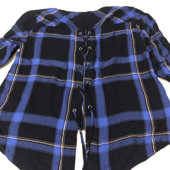 Cloth and Stone Plaid Laceup Back Top Navy Blue XS - Picture 2 of 4